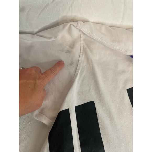 Men's Medium JUST HUSTLE Shirt Colorblock GUC Purple White Black - Picture 7 of 7